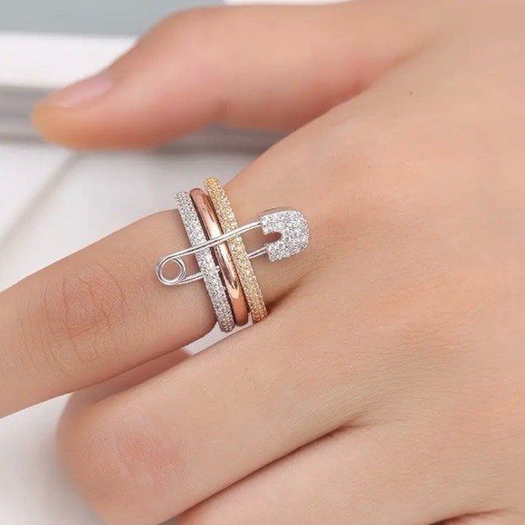 Multi-Layer Safety Pin Ring with Shining Zirconia Stones - Picture 3 of 6